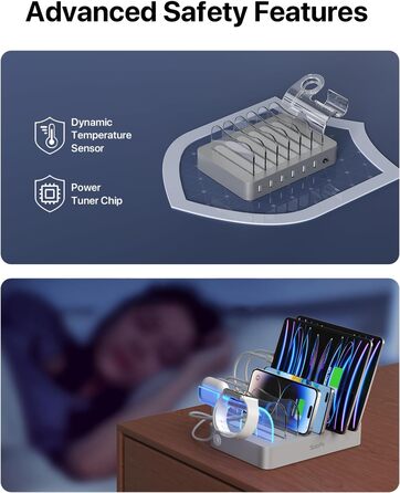 Зарядна станція SooPii USB, 6 портів 50W, з кабелями та тримачем для iWatch, біла (срібло)
