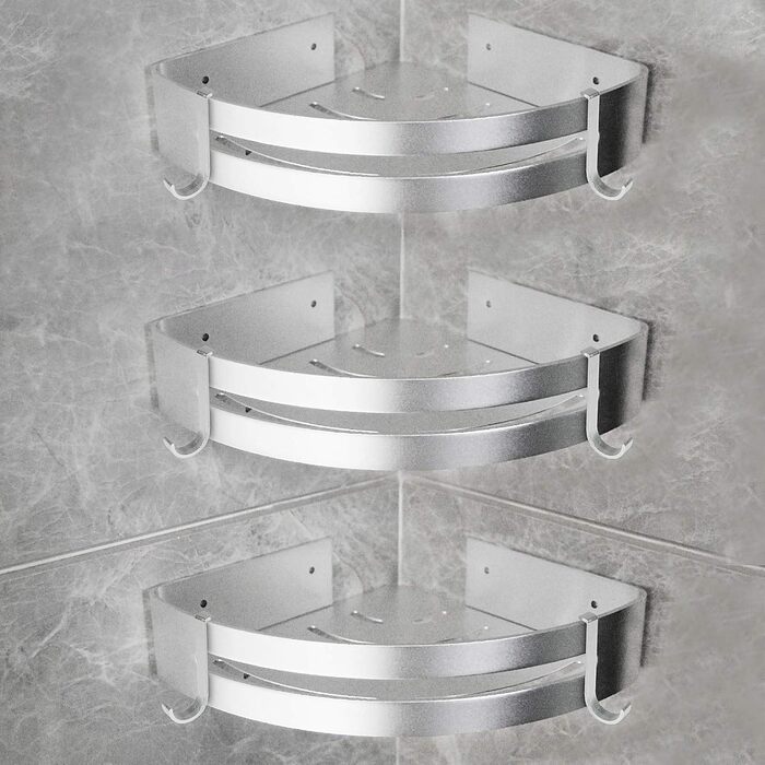 Yorbay Shower Shelf No Drilling with Mounting Material, Corner Shower Shelf No Drilling, Triangle Bathroom Shelf Made of Aluminum with Hooks, Bathroom Shelf 3-Piece Set