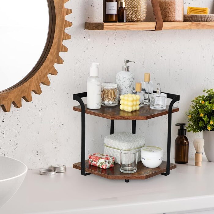 Corner shelf for kitchen with 2 tiers, spice rack wood, kitchen shelf, kitchen organizer, corner shelf for kitchen countertop, shelf for kitchen countertop, small shelf for kitchen, living room, office, 30 x 30 x 32cm