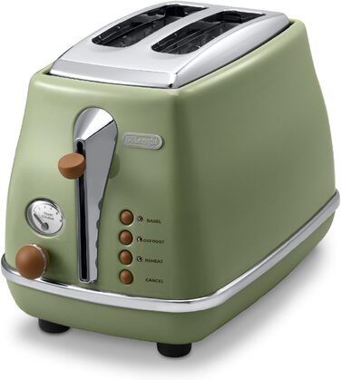 Тостер De'Longhi Icona Vintage CTOV 2103.GR Olive Green – 2 слоти, підставка для булок, 6 рівнів підсмажування, функція підігріву та розморожування, з нержавіючої сталі, ретро-дизайн