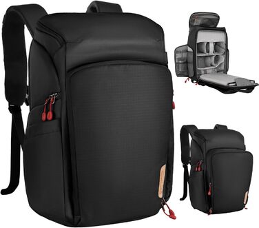 Рюкзак для фотокамери K&F Concept Alpha, 25L, чорний/червоний, з відділенням для 16-дюймового ноутбука, сумісний з Canon/Nikon/Sony/DJI Mavic