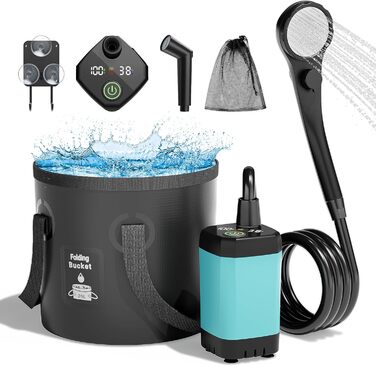 Mytrix 2024 Upgraded Portable Camping Shower Full Set: 6000mAh Rechargeable Power Suction Pump with Smart Display, Multi-Modes Spray Head & 5 Gal Water Foldable Bucket for Outdoor Travel Hiking
