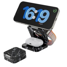 Зарядний пристрій KU XIU X55 Turbo Qi2.2 25W Magsafe 3-в-1 для Apple Watch, iPhone 17-12 та AirPods, складаний, магнітний, з адаптером 45W (Чорний мармур)