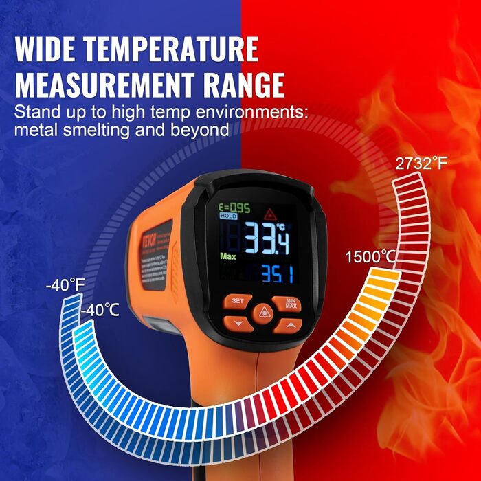 VEVOR Infrared Thermometer IR 50:1 Pyrometer -40°C to 1500°C Laser Temperature Meter 180x120x60mm Temperature Measuring Device Not a Human Body Thermometer for Cooking/Barbecue/Freezer/Industry