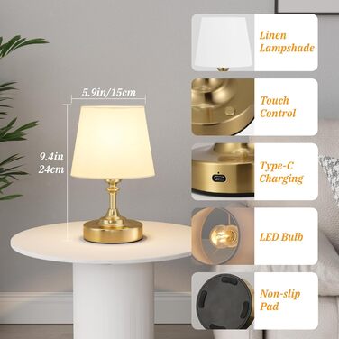 LED настільна лампа бездротова з торшером з льону, сенсорне керування, регулювання яскравості, USB-C, для спальні, вітальні, кухні, 40см, мідь