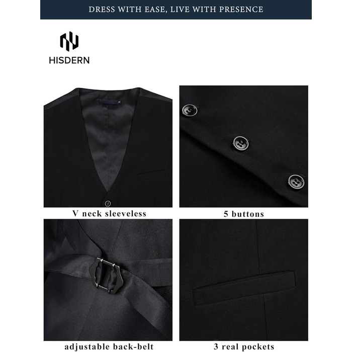 Чоловіча жилетка для весілля та свят HISDERN, бавовна, однотонна, чорна (M)