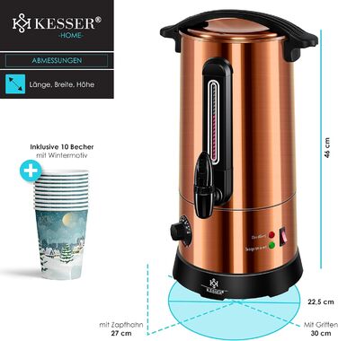 KESSER® 10L Stainless Steel Mulled Wine Boiler Including 10 Cups Mulled Wine Cooker with Thermostat, Mulled Wine Dispenser, Hot Beverage Dispenser, Kettle, Hot Water Dispenser, Canning Machine, Fill Level Indicator, Tap (Copper)