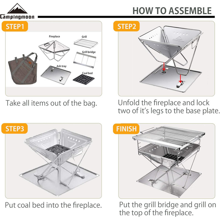 CAMPINGMOON Portable Stainless Steel Wood Grill and Fire Pit 20 inches with Carry Bag MT-055
