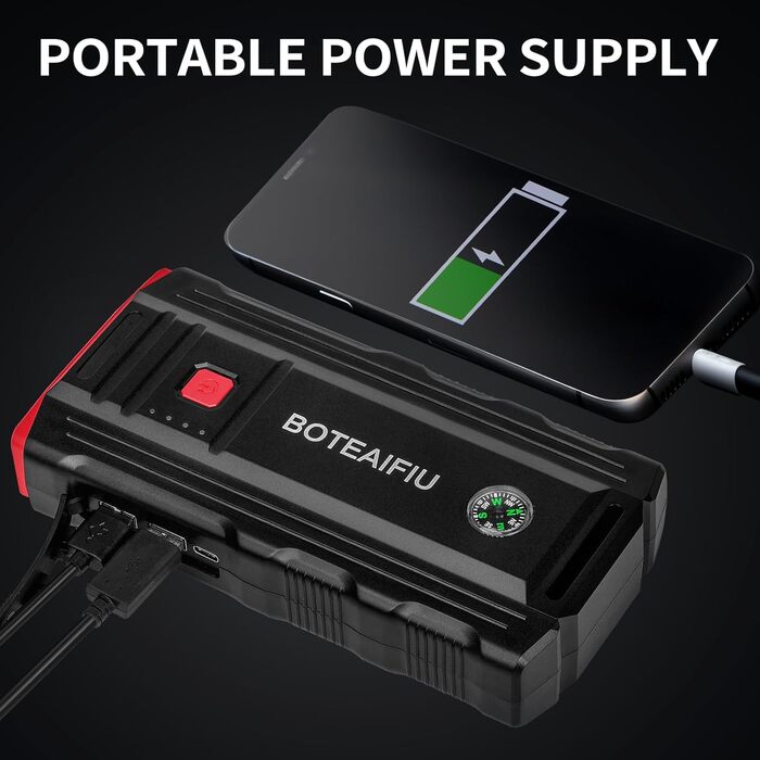 Powerbank для пуску автомобіля BOTEAIFIU Starthilfe 3000A: для бензинових двигунів до 8.0L, 12V, з LED-ліхтариком, для SUV, мотоциклів, ATV та газонокосарок