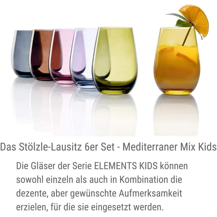 Stölzle Lausitz Water Glasses Set Elements Kids Mediterranean Mix 335 ml to the rim / Set of 6 Water Glasses Dishwasher-safe, high break resistance / Drinking Glasses Set Crystal Glass / Juice Glasses Set