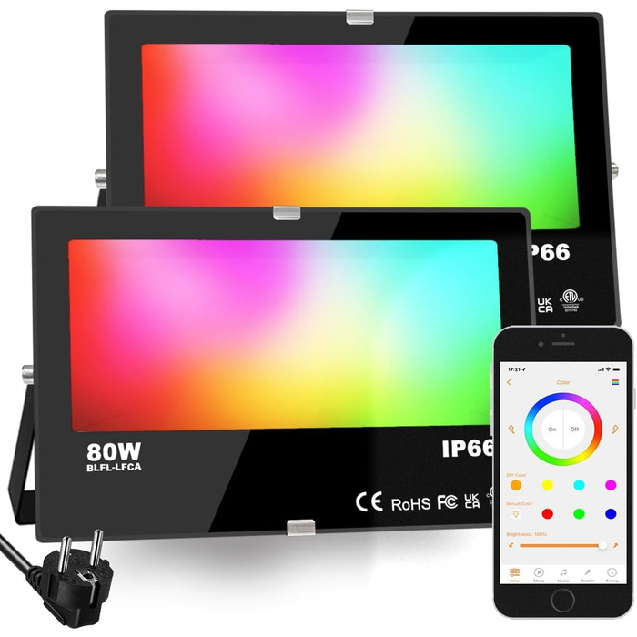 iLC RGB LED Floodlight 80W, RGBW Color Changing Floodlight Equivalent to 800W, 16 Million Colors, Grouping, Timer, 2700K Warm White, Water Protection Rating IP66, Outdoor/Indoor (2-Pack)