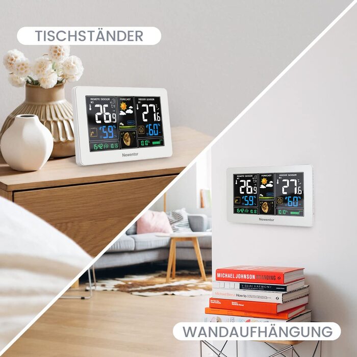 Newentor Weather Station Radio with 3 Outdoor Sensors - Radio Weather Station with Weather Forecast, Temperature Warning, DCF Radio Clock - Battery Powered and Mains Powered, White 1*Station + 3*Outdoor Sensor White