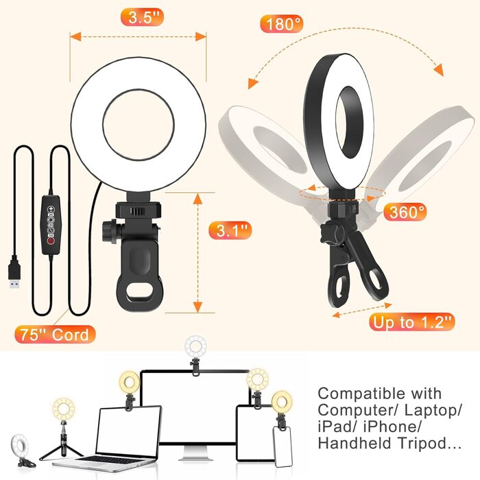 LED кільцева лампа для телефону та ноутбука, світло для селфі з 3 колірними температурами та 5 рівнями яскравості, USB світло для відеоконференцій, Zoom, YouTube, TikTok, макіяжу, фотографії, порожньою конструкцією