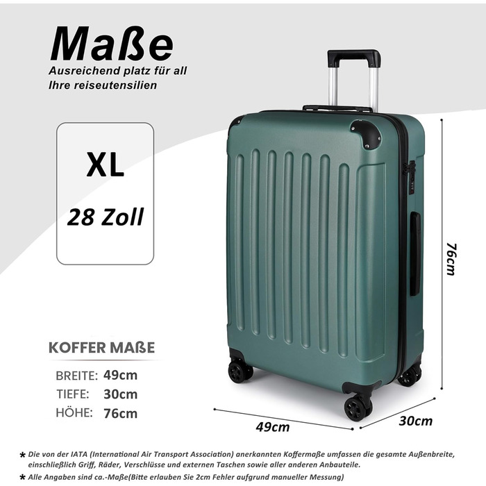 Чемодан TANTOMI, 28 дюймів, жорсткий корпус, тріумф, легкий ABS-валіз, валіза для подорожей з 4 колесами на 360°, 3-значний кодовий замок (світло-темно-зелений, 95 л)