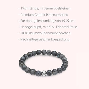 Браслет чоловічий day.berlin Premium з перлів та натурального каменю 8мм, 19см, нержавіюча сталь 316L, графітово-сірий