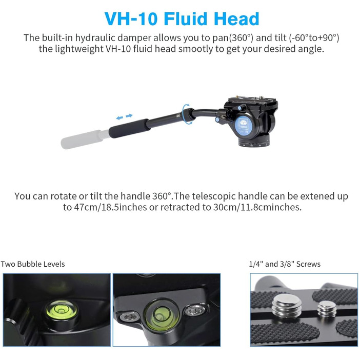 SIRUI Monopod P-325FS+VH-10: Вуглецеве моноподіум, 170 см, для DSLR, вантажопідйомність 10 кг