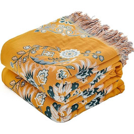 Двостороння плед-ковдра Boho з 100% бавовни, 230x250 см, з квітковим візерунком для дивана та спальні, жовто-зелений