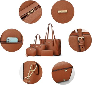 YTL Сумка жіноча шопер велика через плече 4 в 1, коричнева. Набір з гаманцем та картхолдером для офісу, школи, подорожей