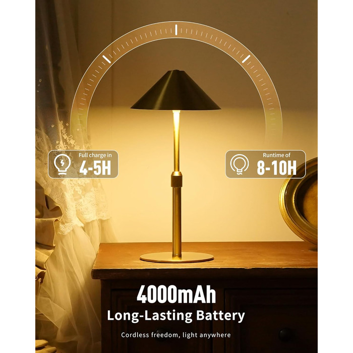 Нічник бездротовий акумуляторний Wiederaufladbare для вітальні, спальні, їдальні - Gold (латунь) з лампочкою, димуванням, сенсорним керуванням, 3-в-1