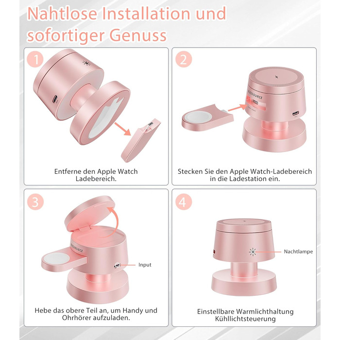 Бездротова зарядка 4-в-1 для iPhone 17/16/15/14 Pro Max з нічним світлом, сумісна з Apple Watch та AirPods, рожева