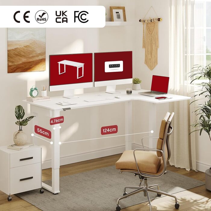 Регульований стіл Sanodesk 180x110 см (білий) - L-подібний, з двома моторами та пам'яттю