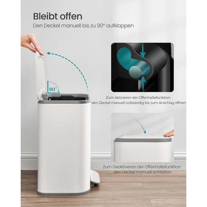 Відро для сміття SONGMICS 20 л з кришкою, з педаллю, сталеве, Soft-close, біле (LTB542W02)