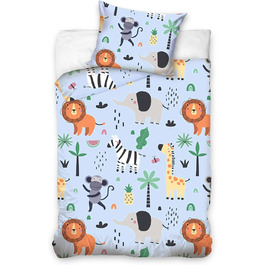 Комплект постільної білизни для дитячого ліжечка Kinder з 100% бавовни (100x135 см) з тваринами. Підходить для хлопчиків, легко періть при 60°C. Включає постільну білизну та подушку (40x60 см).
