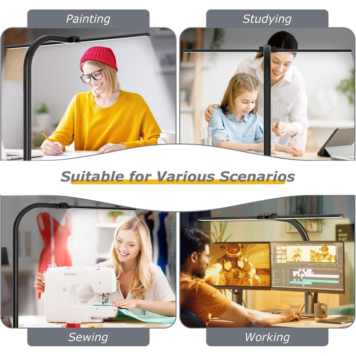 Стійка LED лампа для столу 24W з двома головками, захистом для очей, регулюванням яскравості та 10 кольорами, для дому, офісу, навчання, чорного кольору