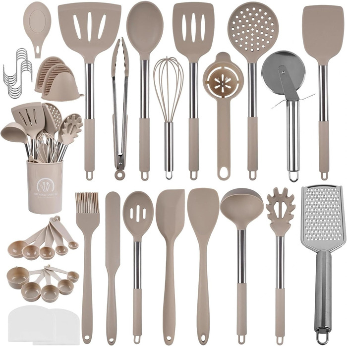 Набір кухонних помічників 45 предметів: силіконове кухонне приладдя, тримач, міксер, половник, лопатка, для миття в посудомийній машині (Хакі)
