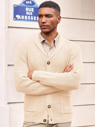 Чоловічий в'язаний кардиган Runcati з коміром-шарфом, рельєфним візерунком, ґудзиками, для зими, великий, з кишенями (M, Бежевий)