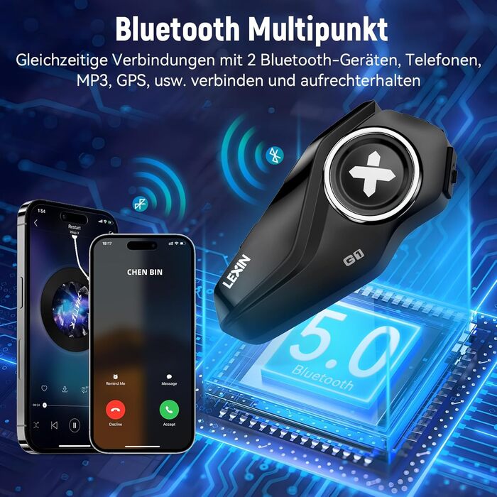 Bluetooth-гарнітура для мотошолома LEXIN G1, Bluetooth 5.0, HD динамік, шумозаглушення DSP/CVC, для музики, навігації та дзвінків, голосовий асистент, одиночна упаковка