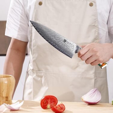 Японський ніж WILDMOK Santoku 20см з дамаської сталі, ручка з жовтої смоли (VG10 сталь)
