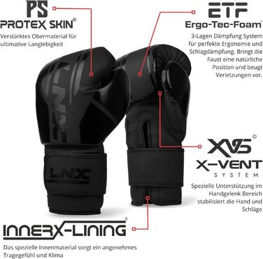 Боксерські рукавички LNX Performance Pro: для кікбоксингу, боксу, муай-тай, MMA (10, 12, 14, 16 Oz) - чорний колір