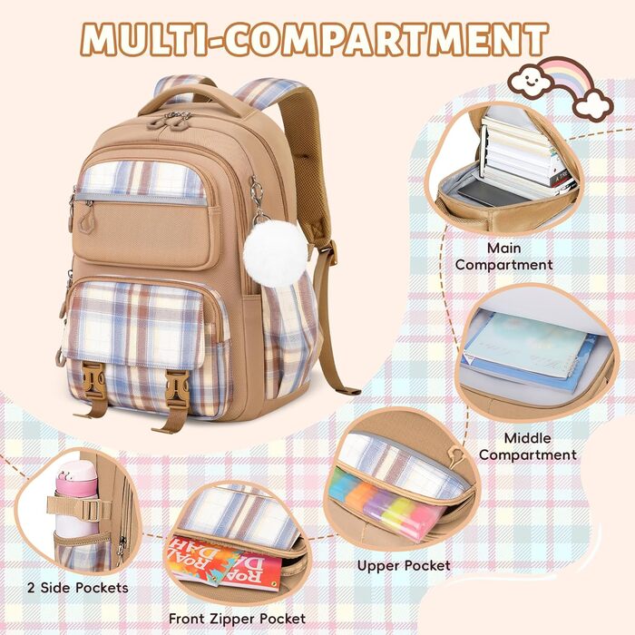Шкільний рюкзак Tanou для дівчаток, ергономічний, великий, модний в клітинку, для підлітків, для подорожей (коричневий)