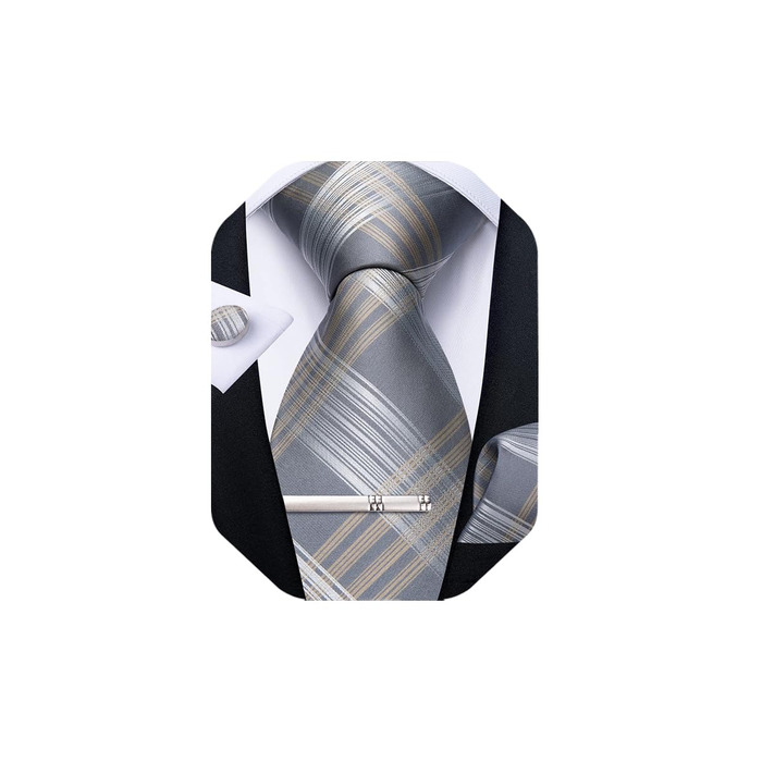 Набір краваток чоловічий DiBanGu з шовковим смугастим та клітинчастим малюнком, з нагрудною хустиною, запонками та краваткотримачем для весілля та офіційних заходів (світло-сірий у клітинку)