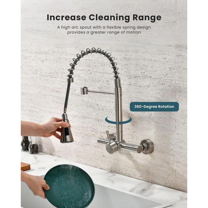 Змішувач кухонний настінний DAYONE з висувною лійкою, нержавіюча сталь, 3 режими, 360° обертання, відстань між отворами 15 см, матовий