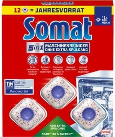 Очищувач для посудомийних машин SOMAT 5in1 Anti-Kalk, засоби для щомісячного чищення та видалення накипу, 12 таблеток