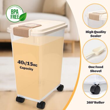 Контейнер для корму для собак та котів Nobleza, 40л, з датою виробництва, з роликами, повітряний, прозорий