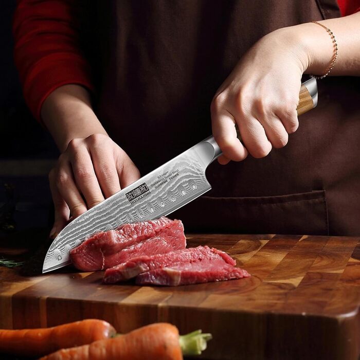 Японський ніж Santoku HOSHANHO з дамаської сталі, 18 см - гострий кухонний ніж з ергономічною ручкою, 67 шарів, у подарунковій коробці