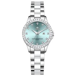 Годинник жіночий OLEVS з діамантами, елегантний, люкс, на зап'ястя, кварцовий, рожеве золото, скло керамічне (3651 Silver Blau)