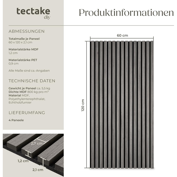 Акустичні 3D-панелі tectake 120x60x2,1 см, настінні панелі-поглиначі шуму під дерево (набір 4 шт, світло-сірий дуб)