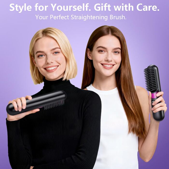 Бездротова випрямляюча щітка LOPHE з LED-дисплеєм, 3 температурні режими, для волосся та бороди, білий (чорно-фіолетовий)