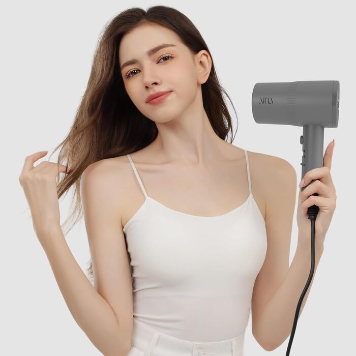 Фен AINA з дифузором для волосся | Іонська технологія, керамічне покриття, холодний струмінь | Швидке сушіння та блиск, 230V~ (Сірий)