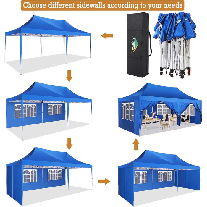 COBIZI Pavilion 3x3 Waterproof Stable Winterproof Party Tent 3x3 with 4 Side Walls Pop Up Folding Pavilion UV Protection 50+ Garden Pavilion With Handbag, 8X Pegs and 4X Wind Rope, (Light Blue, 3x6 m)