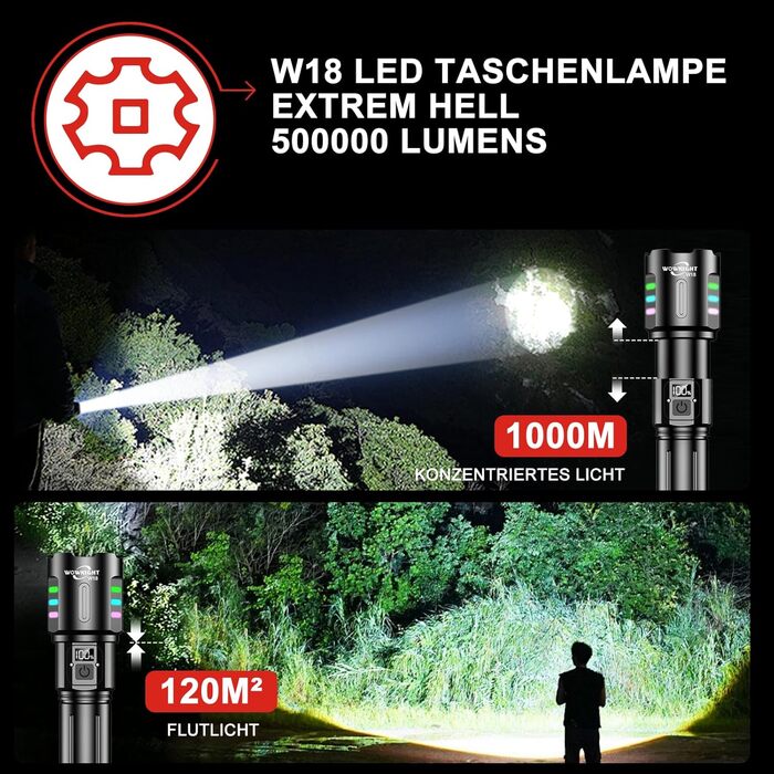 Ліхтар LED акумуляторний тактичний, 500000 люмен, 5 режимів, плавне регулювання яскравості, для кемпінгу та надзвичайних ситуацій, чорний