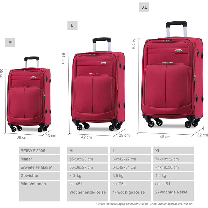 Чемодан тканинний BEIBYE, комплект, ручна поклажа 54 см, з кодовим замком (бордовий)