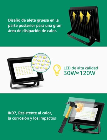 Aigostar LED Flood Light Outdoor Indoor 100W 8700LM Cool White 6500K LED Spotlight Projector IP65 Waterproof LED Outdoor Floodlight for Bright Garden Garage Sports Field Yard (30W, 2 pcs)