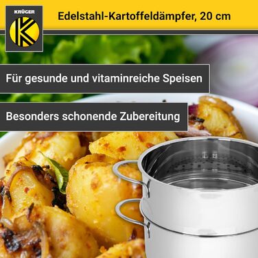 Каструля для варіння картоплі Krüger з нержавіючої сталі, 20 см, з скляною кришкою, біо-пароварка з антипригарним захистом краю та енергозберігаючим капсульним дном, для приготування без води та жиру