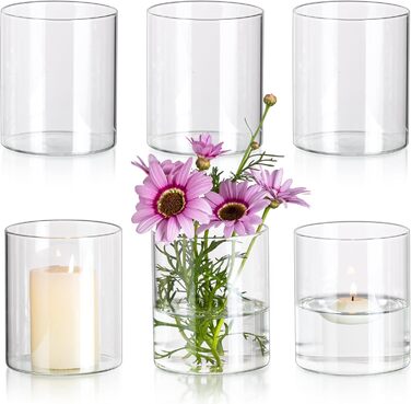 Скляна циліндрична ваза Glasseam 10x8,5 см для декору столу, прозора сучасна ваза для квітів, свічник, набір 6 шт, для вітальні та весілля