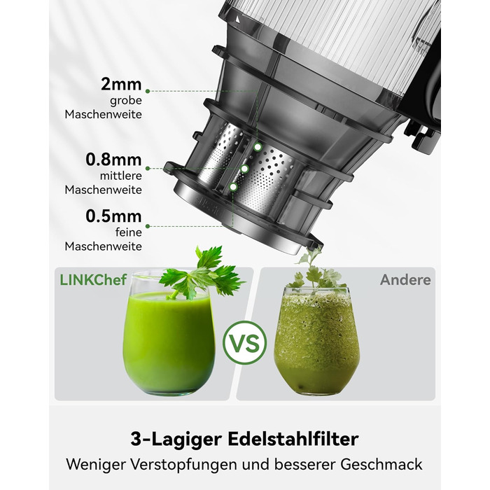 LINKChef повільно-видавлюючий соковитискач Slow Juicer SJ52, 1.8 л, з функцією реверсу, BPA Free